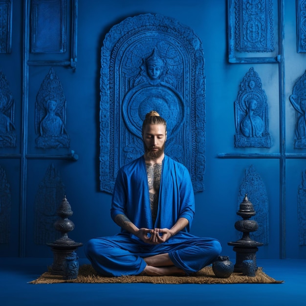 Man meditating and wearing cobalt blue tunic cobb Ai generated art