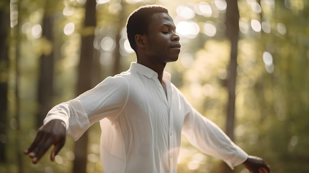 A man meditating in the woods with his arms outstretched.