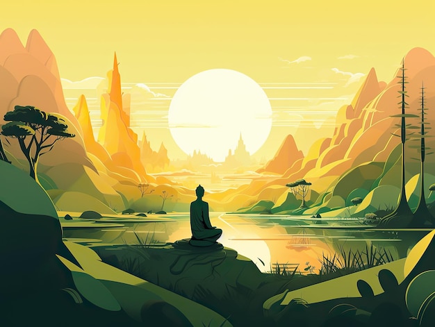 A man meditating in yoga in front of mountain view at sunrise landscape digital art illustration