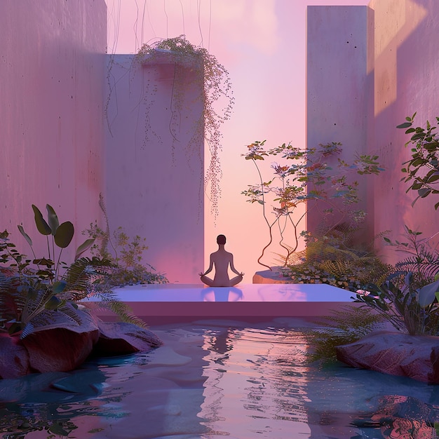 a man meditating in a yoga position in front of a pink wall