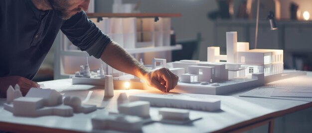 A man meticulously adjusts elements on a meticulously crafted architectural model of a multibuilding layout focused in a welllit room with tools scattered