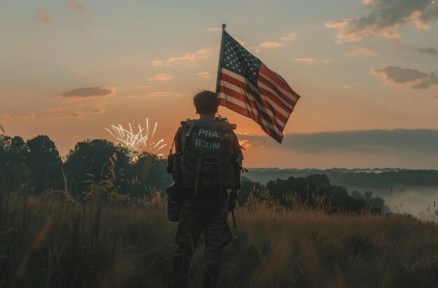 a man in a military uniform holds a flag in front of a sunset sky