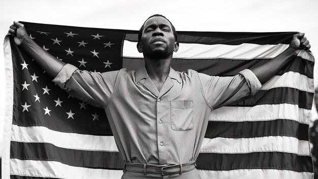 a man in a military uniform is holding up a flag