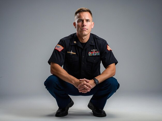 a man in a military uniform is kneeling on a gray background