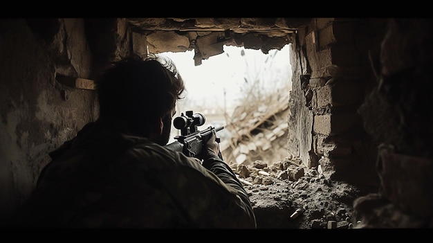 A man in a military uniform is looking out of a window