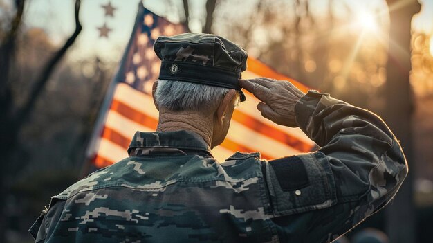 a man in a military uniform is pointing at a flag