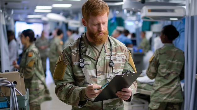 Photo a man in military uniform reads a document with the words  the army  on the side