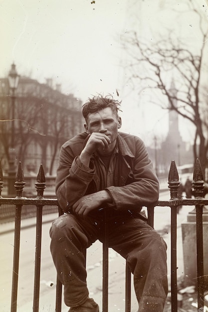 Photo a man in a military uniform sits on a fence