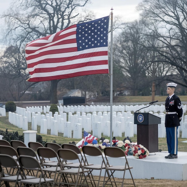 Photo a man in a military uniform speaks at a podium with a flag in the background