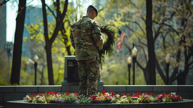 a man in a military uniform stands in a cemetery with a wreath on his shoulder