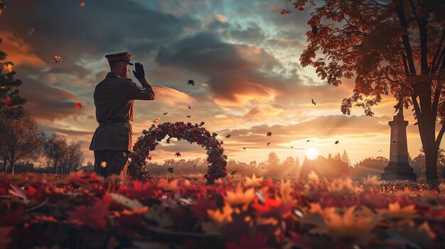 Photo a man in a military uniform stands in a field of autumn leaves and looks at the sunset