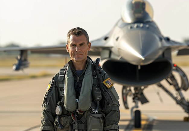 Photo a man in a military uniform stands next to a fighter jet