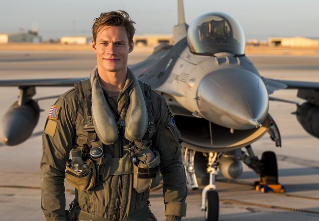 Photo a man in a military uniform stands next to a fighter jet