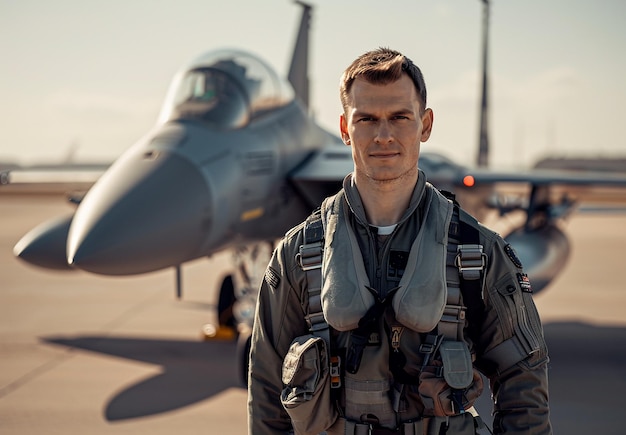 a man in a military uniform stands next to a fighter jet