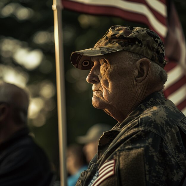 Photo a man in a military uniform stands in front of an american flag