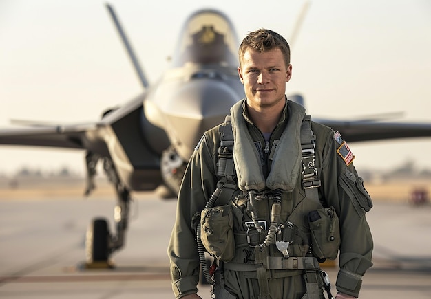 a man in a military uniform stands in front of a fighter jet