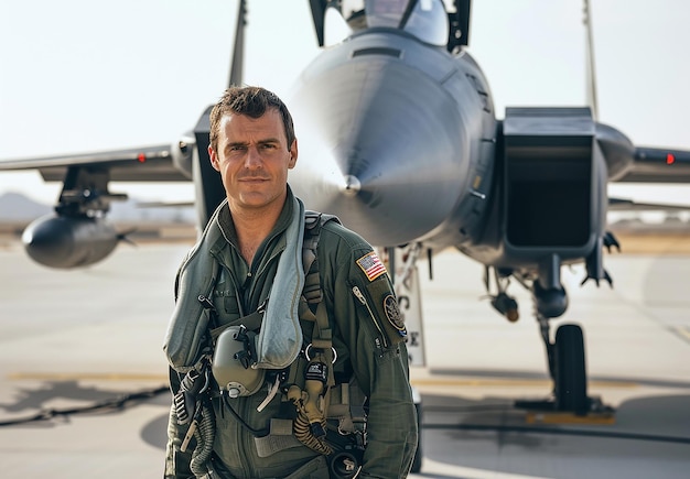 Photo a man in a military uniform stands in front of a fighter jet