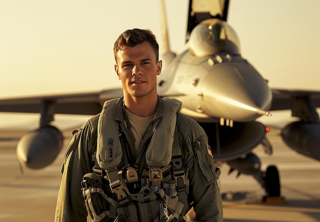 Photo a man in a military uniform stands in front of a fighter jet