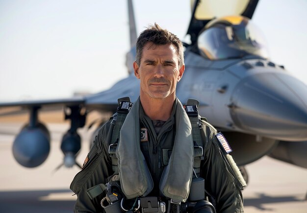 a man in a military uniform stands in front of a fighter jet