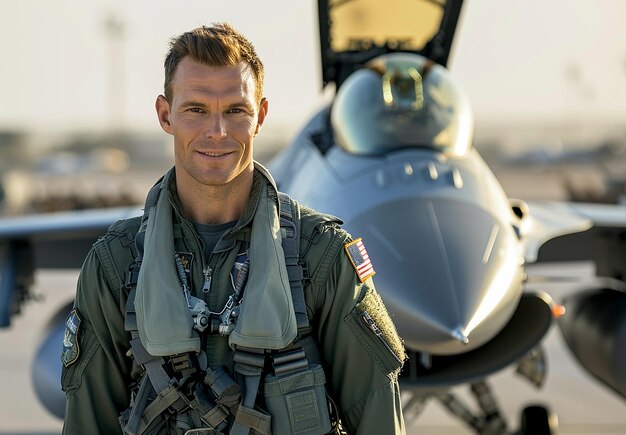 Photo a man in a military uniform stands in front of a fighter jet