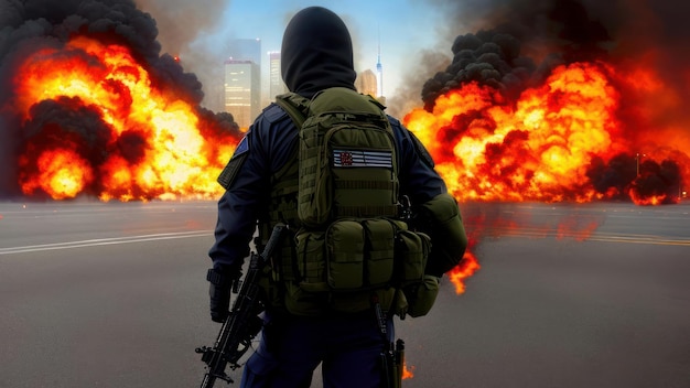 A man in a military uniform stands in front of a fire with a backpack that says'fire'on it.