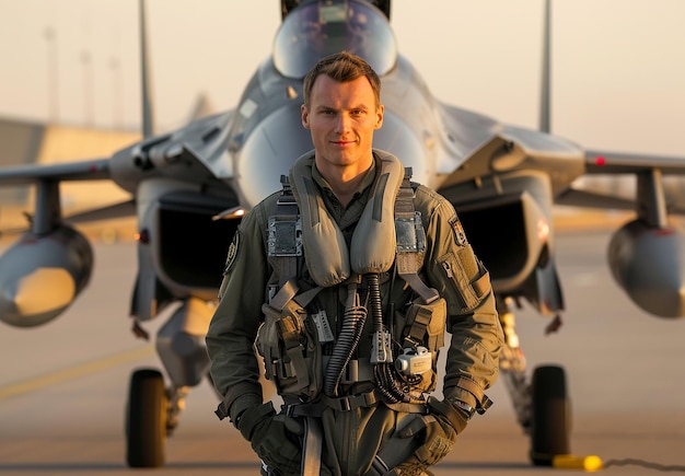 Photo a man in a military uniform stands in front of a plane