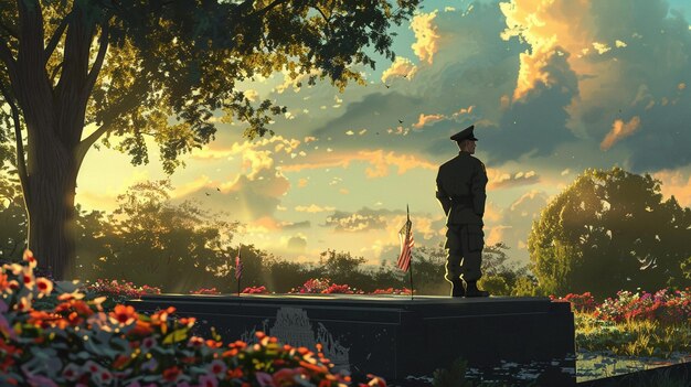 Photo a man in a military uniform stands in front of a sunset