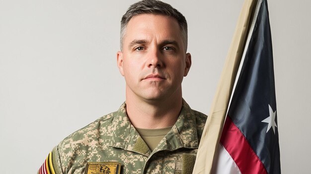 a man in a military uniform with a flag in the background