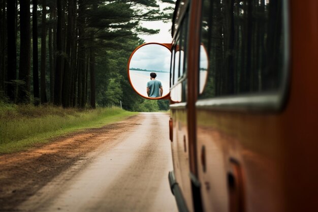 Photo man in mirror of a bus on country road