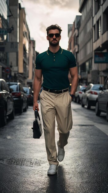 Photo man model in fashion in stylish polo walking on the city guy walks on the street urban fashion man