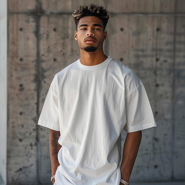 Photo man model using oversize white round collar tshirt with minimalist industrial background