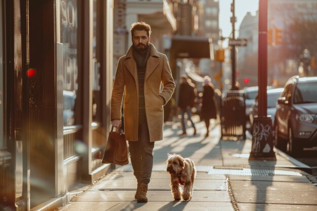 Man in a modern clothes walking walking his dog in the urban exterior Generative AI