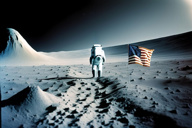 A man on the moon with a flag on the ground