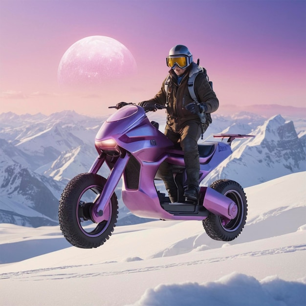 a man on a moped with a purple and purple helmet on it