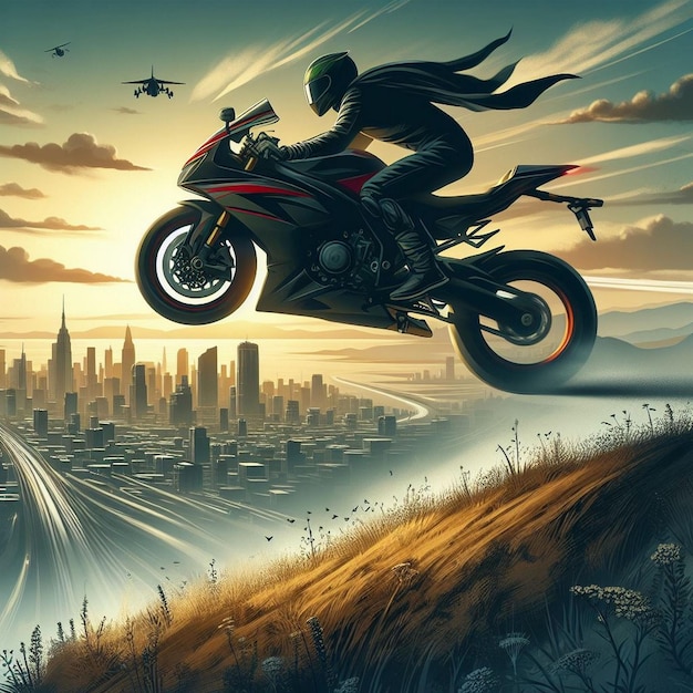 a man on a motorcycle is flying over a city