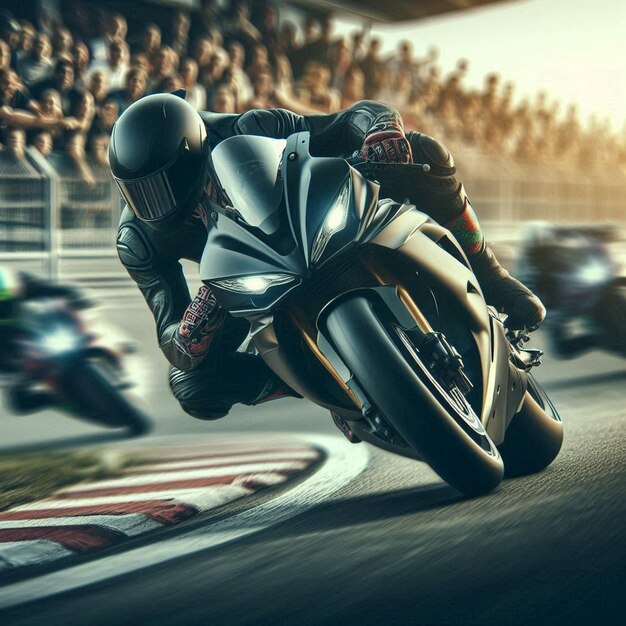 Photo a man on a motorcycle is racing on a track with a crowd of people watching