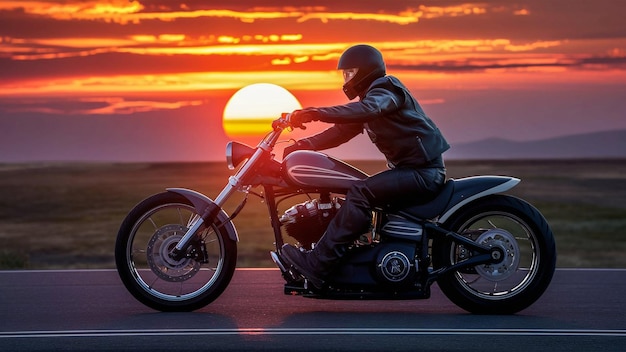 a man on a motorcycle is riding down the road with the sun setting behind him