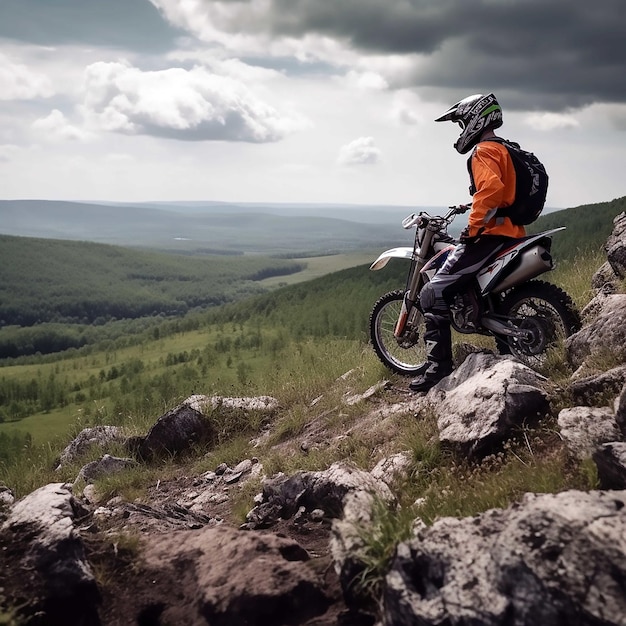 A man on a motorcycle is wearing an orange jacket and has a backpack on it.