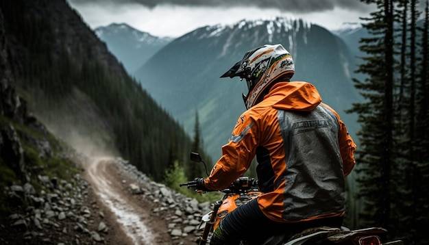 A man on a motorcycle in the mountains