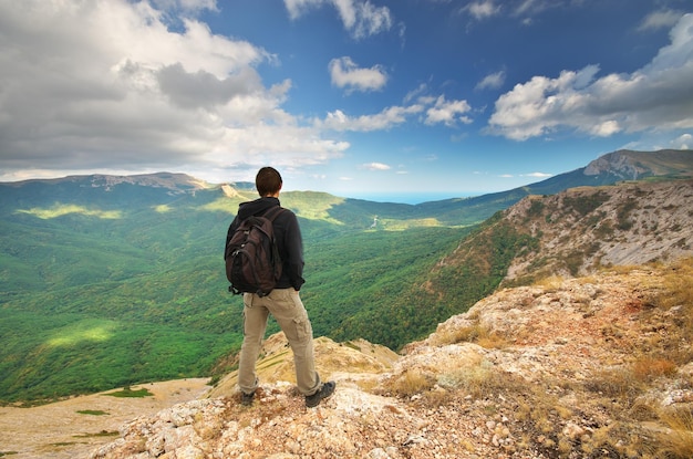 Man in mountain. Landscape composition.