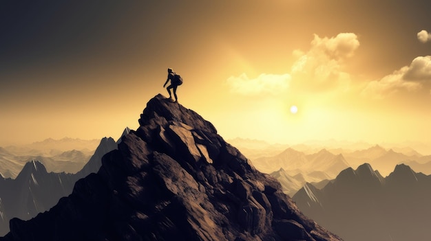 A man on a mountain top with a mountain in the background.