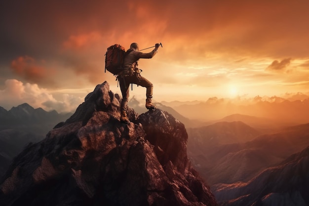 A man on a mountain top with a mountain in the background