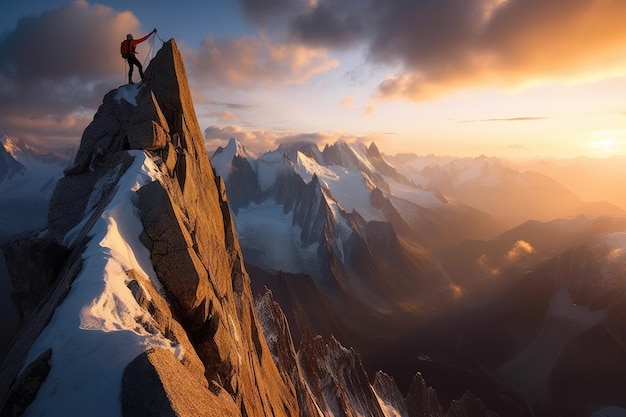 A man on a mountain top with the sun setting behind him