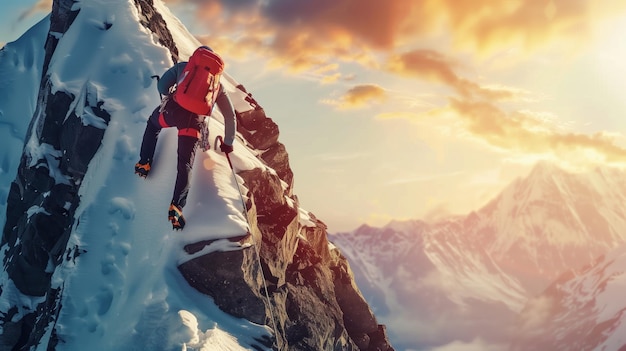 a man on a mountain with a red backpack climbing up a mountain