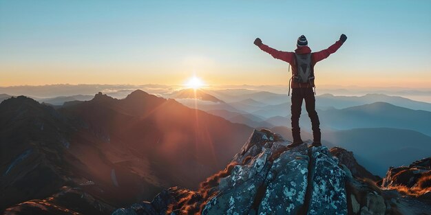 Photo man on mountaintop with arms raised symbolizing success and inspiration concept success inspiration motivation mountains achievement