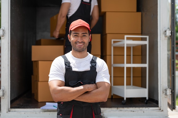 Man mover worker smiling and arms cross prepare to move cardboard boxes and furniture from truck