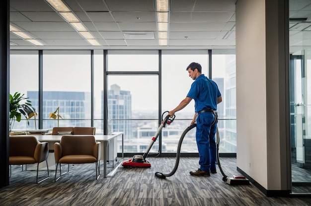 a man mowing the floor in an office with a mop