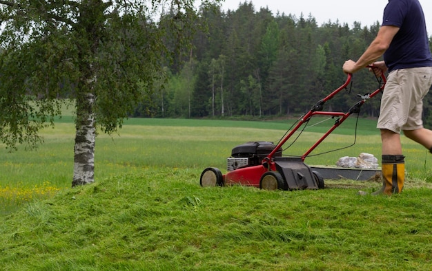 Man mowing the green lawn in summer park