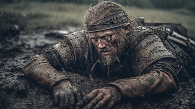 A man in mud with a rope on his head and a sign that says'the man is in the mud '