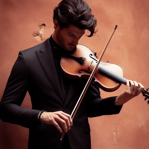 A man musician with violin with wall background